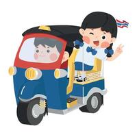 student riding on a tuk-tuk with a taxi driver vector