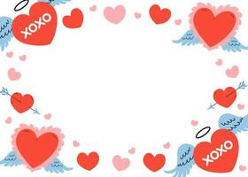 Romantic Border. Charming frame with red hearts, angels wings, and Cupid arrows. Perfect for wedding invitation, Valentine's card. Horizontal invitation background A4 format. flat illustration. vector
