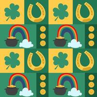 St. Patricks Day seamless pattern with shamrock, rainbows, horseshoe and coins. Geometric print for card, paper, fabric, textile. vector