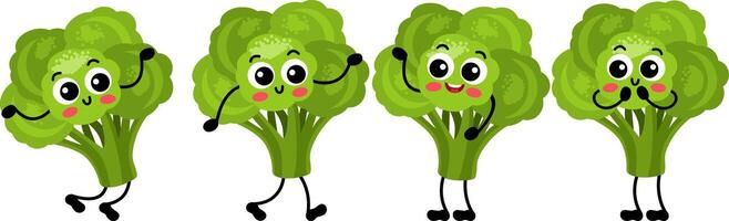 Set of funny green broccoli in different positions vector
