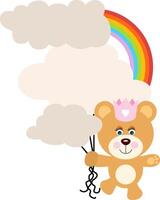 Cute princess teddy bear with clouds and rainbow vector