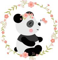 Panda with Flowers and Butterfly in a Circular Floral Frame vector