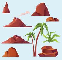 New Volcano with smoke, mountains and palm trees isolated on white background vector
