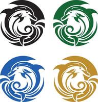 Four Dolphin Logo Variations in Black, Green, Blue, and Gold vector