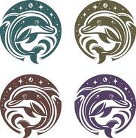 Dolphin Logos in Green, Brown, Dark Brown, and Purple with Stars and Bubbles vector