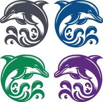 Retro Stylized Dolphin Leaping from Waves Representing Energy and Ocean Life vector