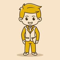 chibi character of a man wearing an office suit standing upright and holding a laptop in retro colors vector