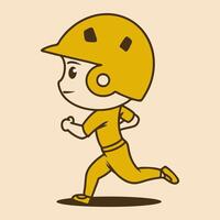 Baseball chibi character with helm in running pose in yellow retro colors vector