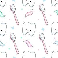 Charming seamless pattern with kawaii tooth and toothbrush, toothpaste. vector