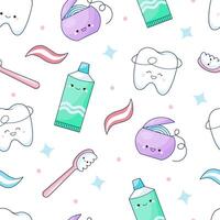 A pattern with cute dentistry characters. Tooth, paste, dental floss. Seamless texture on a white background. Oral hygiene vector