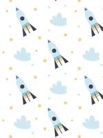 a pattern with a rocket, clouds and stars for kids on a white background vector