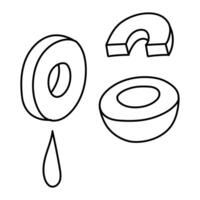 Sliced olives without seeds, slices and a drop along the contour. An isolated illustration. An environmentally friendly product with olive oil content. symbol of a natural product. Contrasting outline vector