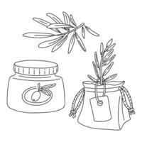 set of olive branches in the form of contour. An olive tree sprout in gift bag, branch with leaves, jar of oils. Isolated flat illustration. An environmentally friendly product with olive oil content vector