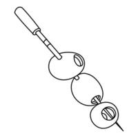 skewer with pitted olives. A sharp stick with strung berries. The berries are contoured like an appetizer. Three olives on white. A hand-drawn outline. Contour illustration on a white background vector