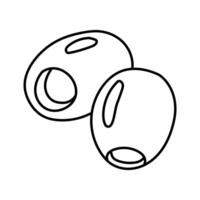 two seedless olives in the contour. An isolated illustration. An environmentally friendly product with olive oil content. A symbol of a natural product. Contrasting outline for coloring vector