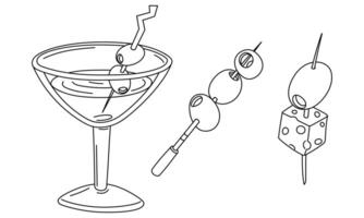 martini glass with olives on skewers. set of various sticks with strung berries. Olives, strung on a skewer, float in a glass with drink. An exquisite drink for women. contour illustration on a white vector
