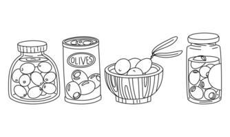 set of jars with olives in the contour. variety of containers in a row of different shapes in a glass, iron jar and wooden plate. Olives with and without pits. Contour illustration of food. Isolated vector