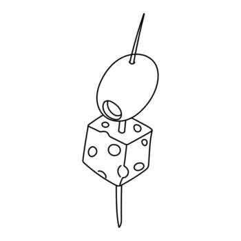skewer with olives and cheese. A sharp stick with a snack strung on it. Olives and a cube of cheese. Snacks on a white background. A hand-drawn outline. Contour illustration on a white background vector