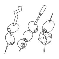 skewer with pitted olives. set of various sticks with strung berries. Olives, strung on a skewer, appetizer. Two, three olives, cheese. A hand-drawn outline. Contour illustration on a white background vector
