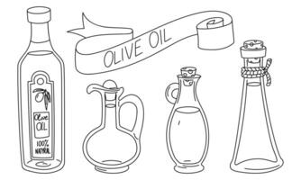 set of glass bottles, a jug of olive oil and a ribbon with an inscription. A variety of bottles of homemade olive oil and a store-bought one. Sketch-style illustration scheme, coloring book vector