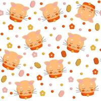 pattern featuring a cheerful Maneki-neko cat with a festive smile and traditional lanterns. vector