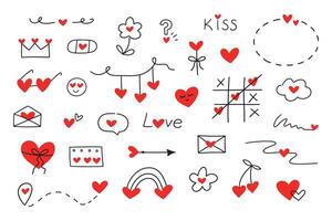 Collection of valentine elements. Doodle style set of hearts, speech bubble, text and underlines. vector