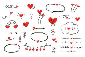 Hand drawn set valentine elements. Doodle style collection of hearts, speech bubble, text and underlines. vector