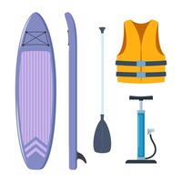 Stand Up Paddle Accessories. Basic set for SUP. Inflatable board, paddle, life jacket, pump. illustration. vector
