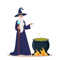 Old wizard man in robe and hat stands near cauldron with poisonous green potion. Bearded magician or witcher in mantle with magic wand. illustration. vector