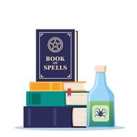 Magician tools composition. Wizard magic amulet, spell book, crystal ball, magic bottle with elixir. illustration. vector