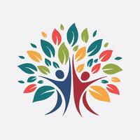 a colorful logo with people holding hands in a tree icon vector