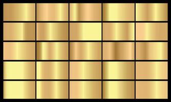 Realistic gold gradient texture pack. Shiny golden metal foil gradient set vector