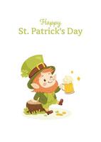 St. patricks day. A postcard of a cute leprechaun with a beer. vector