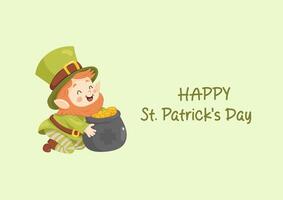 Horizontal card happy St. Patrick. Cute leprechaun hugging a pot of gold . vector