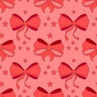 Seamless pattern,simple hand drawn ribbon linear bows. Red background vector