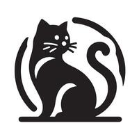 A stylized, black and white silhouette of a cat's face positioned within a circular frame. vector
