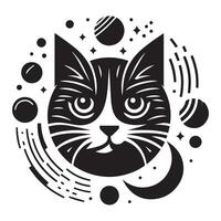 A stylized, black-and-white silhouette of a cat's head, positioned within a circular design reminiscent of a stylized moon or abstract wave pattern. vector