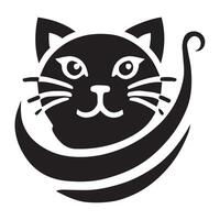 black and white silhouette of a cat's head and flowing tail, set within a stylized circular frame. vector