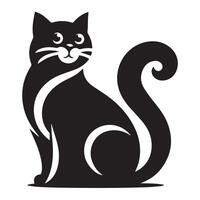 A captivating black and white silhouette of a cat's head and flowing tail, set within a stylized circular frame. vector