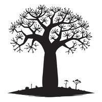 Silhouette of a Larger Baobab Tree with Smaller Plants vector