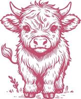 Front-Facing Baby Highland Cow Illustration with Rustic Charm vector