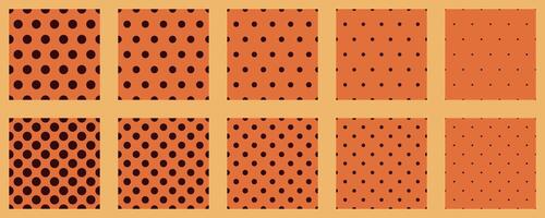 Ten variations of a stylish orange and dark brown polka dot pattern. Perfect for textile design, website backgrounds, or any project needing a retro or playful aesthetic. vector