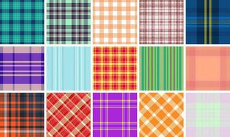 Vibrant collection of 16 seamless plaid patterns. Perfect for textile design, website backgrounds, or fashion projects. These diverse checks and stripes offer endless creative possibilities. vector