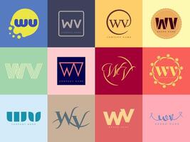 WV logo company template. Letter w and v logotype. Set different classic serif lettering and modern bold text with design elements. Initial font typography. vector