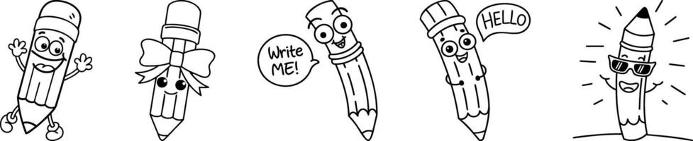 Set of Cartoon Pencils with Fun Expressions and Speech Bubbles vector