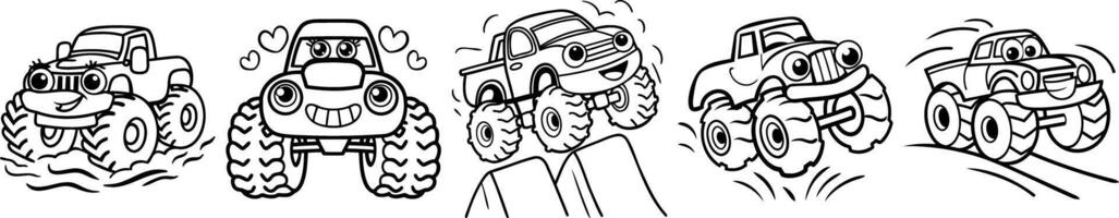 Set of Cartoon Monster Trucks with Energetic and Playful Expressions vector