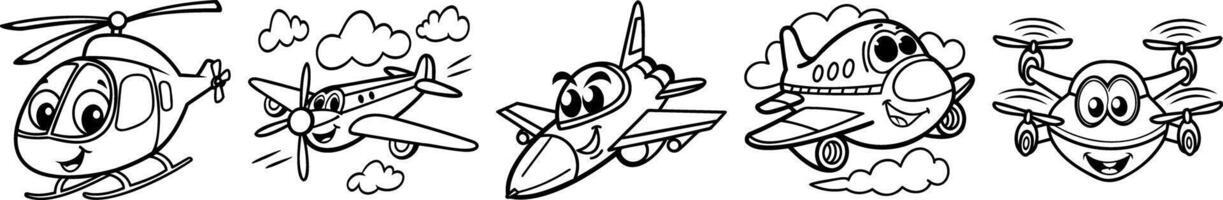 Set of Cartoon Aircraft with Playful Expressions vector