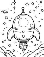 Spaceship flying through stars and clouds coloring page for kids vector