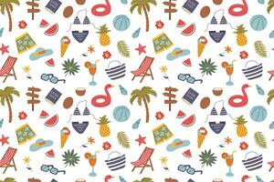 Seamless travel pattern with summer beach objects isolated on white. Travel, vacation, summer, beach concepts. vector