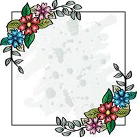 Beautiful flower square frame with splater water color background. Hand drawn sketch style flowers. vector